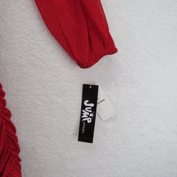 Jump Apparel Dress Size XL Red Long Sleeve Ruched Glitter Mini Knotched Neck New - Picture 5 of 11